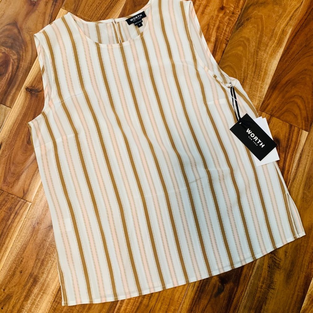 Silk Sleeveless White Blouse Pink and Mocha stripe